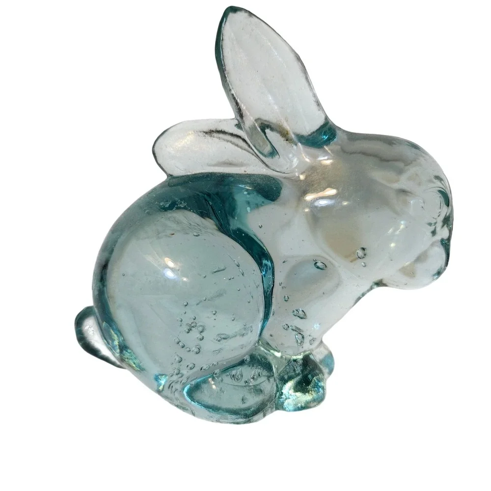 Vintage Murano Style Art Glass Bunny Rabbit Bullicante Clear Aqua Figurine MCM
